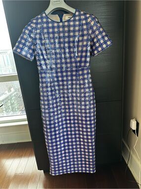 Diane Von Furstenberg Blue and White Gingham Sequin Midi Dress